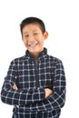 Portrait of Asian boy laughing on white..