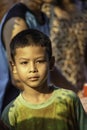 Portrait Asian boy standing looking background blur people