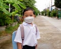 Portrait of Asian boy student in school uniform wearing a white shirt with backpack wearing mask go to school, back to school Royalty Free Stock Photo