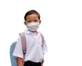 Portrait of Asian boy student in school uniform wearing a white shirt with backpack wearing mask go to school isolated on white Royalty Free Stock Photo