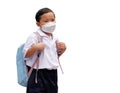 Portrait of Asian boy student in school uniform wearing a white shirt with backpack wearing mask go to school isolated on white Royalty Free Stock Photo