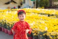 Portrait of a Asian boy on traditional festival costume. Cute little Vietnamese boy in ao dai dress smiling. Tet holiday. Lunar Royalty Free Stock Photo