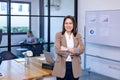 Portrait of Asian business CEO woman is standing crosshand in her office at the table with statistic chart showing annual report Royalty Free Stock Photo