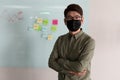 Portrait of asian businessman wearing face mask standing in meeting room looking to camera Royalty Free Stock Photo