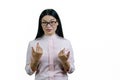 Portrait of asian businesswoman is excusing for something. Royalty Free Stock Photo