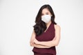 Portrait of Asian businesswomen in red dress with arms crossed and wearing protective medical mask and