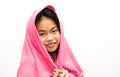 Portrait Asian child girl with pink towel shower, wrap around with pink towel from head to body, smiling face, looking at camera, Royalty Free Stock Photo