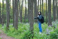 Portrait of a Asian Chinese nature woman photographer look at her camera screen in a spring park forest , with good hand gesture Royalty Free Stock Photo