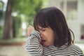 Portrait of Asian crying little girl with little rolling tears weeping emotion, hurt in pain fit drops cheek. Young crying panic