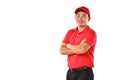 Portrait of Asian delivery man, messenger, employee, worker, service provider smiling and looking happy and welcome