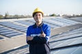 Portrait of Asian engineer on background field of photovoltaic solar.