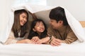 Portrait of Asian family, young mother, father, little cute daughter lying under a duvet or blanket together on bed in bedroom at