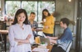 Portrait of asian female creativity working team coworking office ,Smiling of happy beautiful woman in modern office.