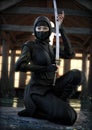 Portrait of an Asian female ninja posing with her weapon.