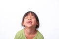 Portrait of an Asian girl with broken upper baby teeth and first permanent teeth. Friendly little girl showing her broken teeth