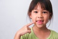 Portrait of an Asian girl with broken upper baby teeth and first permanent teeth. Friendly little girl showing her broken teeth