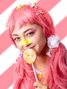 Portrait of an Asian girl in a pink kawaii style