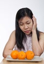 Portrait of an asian girl with a plate of oranges