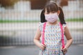 Portrait of asian girl wearing backpack and covid-19 protective face mask ready for elementary school. Concept of back to school Royalty Free Stock Photo