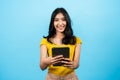 Portrait, asian girl wearing fitted shirt, stood chatted with friends on an online app in laptop was holding talking smiling Royalty Free Stock Photo