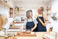 Portrait of Asian happy Senior elderly couple standing in kitchen at house feel happy and enjoy family retirement life together. L Royalty Free Stock Photo