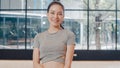 Portrait Asian japanese woman feeling happy fun at yoga class. Korean girl relax toothy smile looking to camera while exercising Royalty Free Stock Photo