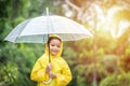 Portrait Asian kid holding an umbrella with raindrops. Happy Asian little child boy having fun playing with the rain in the Royalty Free Stock Photo