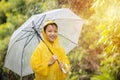 Portrait Asian kid holding an umbrella with raindrops. Happy Asian little child boy having fun playing with the rain in the Royalty Free Stock Photo