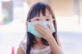 Portrait Asian kid wearing medical mask. A girl wearing mouth mask against air smog pollution. Concept of corona quarantine Royalty Free Stock Photo