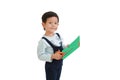 Portrait of Asian little boy craft work by scissors cut the color paper over white background Royalty Free Stock Photo