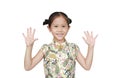 Portrait of Asian little girl wearing cheongsam with smiling and shows two palms, give five isolated over white background