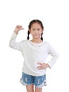 Portrait asian little kid girl showing thumb finger sign and raise hand up isolated on white background Royalty Free Stock Photo