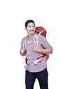 Portrait of asian male backpacker ready to traveling