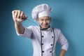 Asian Male Chef Making Soup, Chef Holding Kitchen Tool Ladle Royalty Free Stock Photo