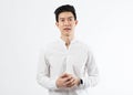 Portrait of Asian man Thai-Chinese mixed race with smile face poses with self-confidence folded arms looking to camera Royalty Free Stock Photo