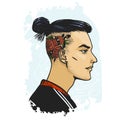Modern samurai. Handsome asian guy. Vector illustration