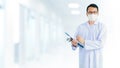 Portrait of Asian medical male Doctor wear a mask to prevent germs and standing in front of his blurred interior hallway in