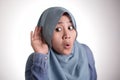 Muslim Woman Smiling While Doing Hearing Gesture Royalty Free Stock Photo