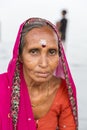 Portrait of Asian senior beautiful woman serious sad wearing traditional Indian dress sari. Royalty Free Stock Photo