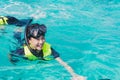 Portrait of an asian snorkeling girl with mask swiming on the se Royalty Free Stock Photo