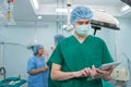 Portrait of Asian surgeon with medical mask standing and holding a tablet in operation theater at a hospital. Team of Professional Royalty Free Stock Photo