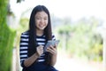 Portrait of asian teen and computer tablet in hand use for digit Royalty Free Stock Photo