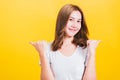 Woman smile wear white t-shirt successful woman giving two thumbs up gesture Royalty Free Stock Photo