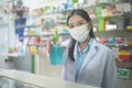 Portrait of asian woman pharmacist wearing a surgical mask using alcohol gel in a modern pharmacy drugstore, covid-19 and pandemic Royalty Free Stock Photo