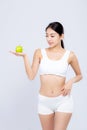 Portrait asian woman smiling holding green apple fruit and beautiful body diet with fit isolated