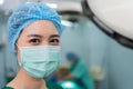 Portrait of Asian woman surgeon with medical mask standing in operation theater at a hospital. Team of Professional surgeons. Royalty Free Stock Photo