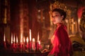 Portrait of asian woman in traditional Chinese dress in Chinese shrine