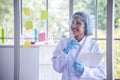 Portrait Asian women scientist laboratory background. female research pathologist clinician expert medical chemist. Woman