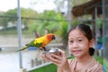 Portrait of Asian young girl child holding Aluminium bowl feeding macaw bird animal in the zoo
