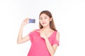 Portrait asian young girl happy and smile shopping online concept. Attractive beautiful asian young woman showing credit card for Royalty Free Stock Photo